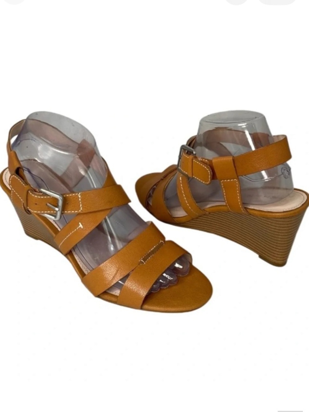 TAHARI Valen Wedge Crisscross Sandals Camel Brown Genuine Leather Open Toe 9